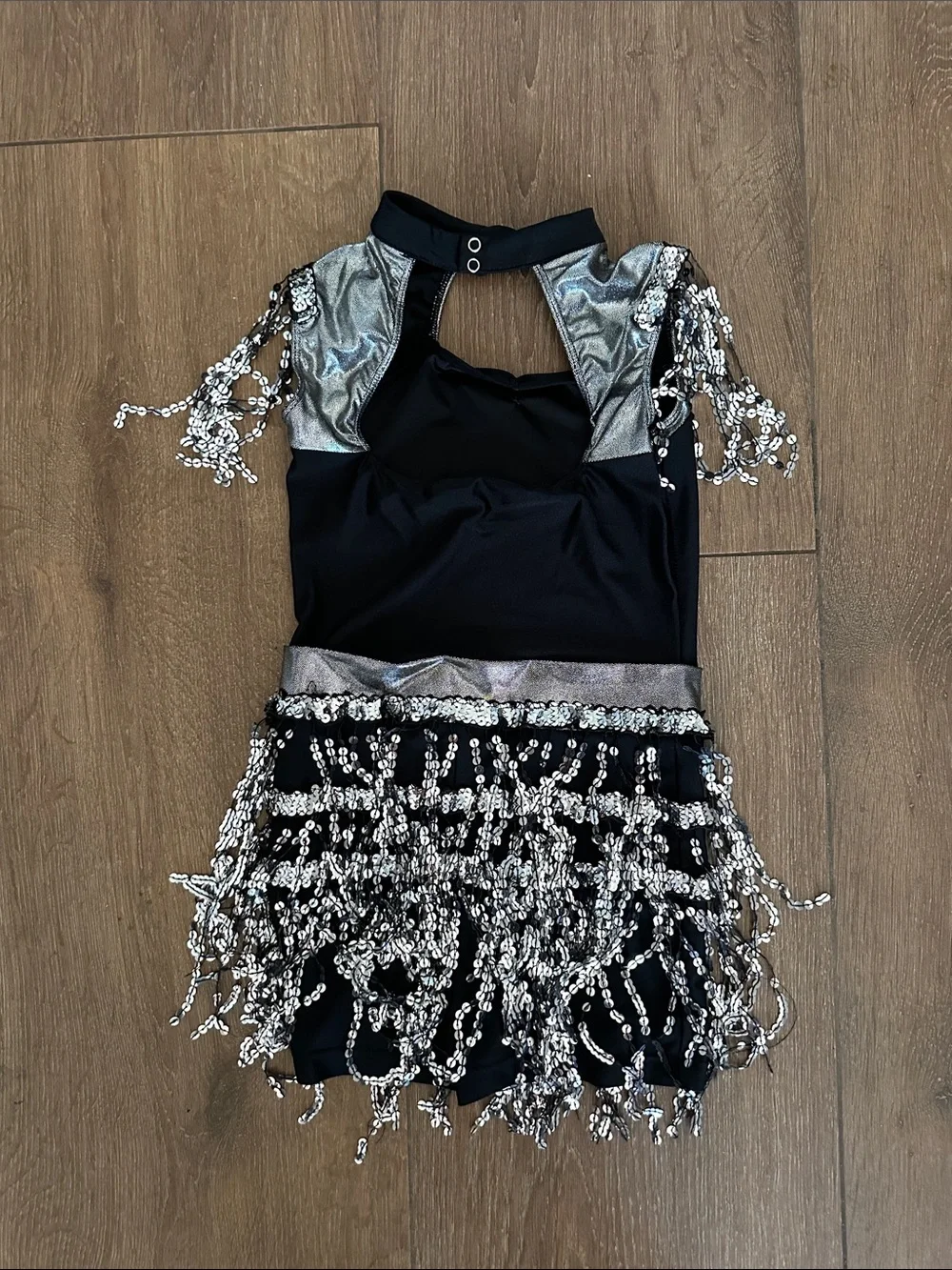 Revolution  girls Black and Silver Sequin Fringe Dance Halloween Costume. Size L